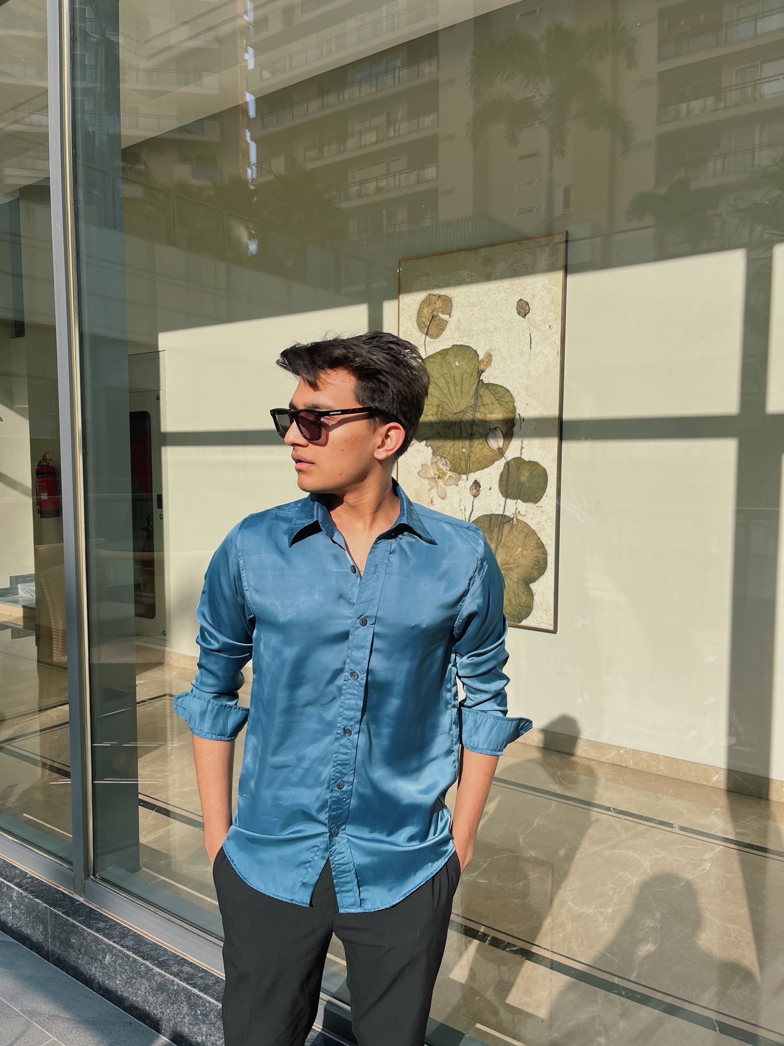 Teal Blue Satin Shirt